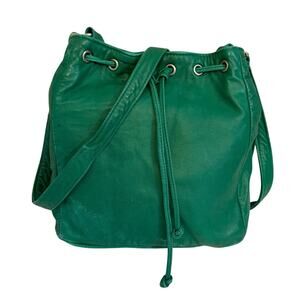 Milenti Crossbody Bucket Bag Leather Green Drawstring Made in Canada